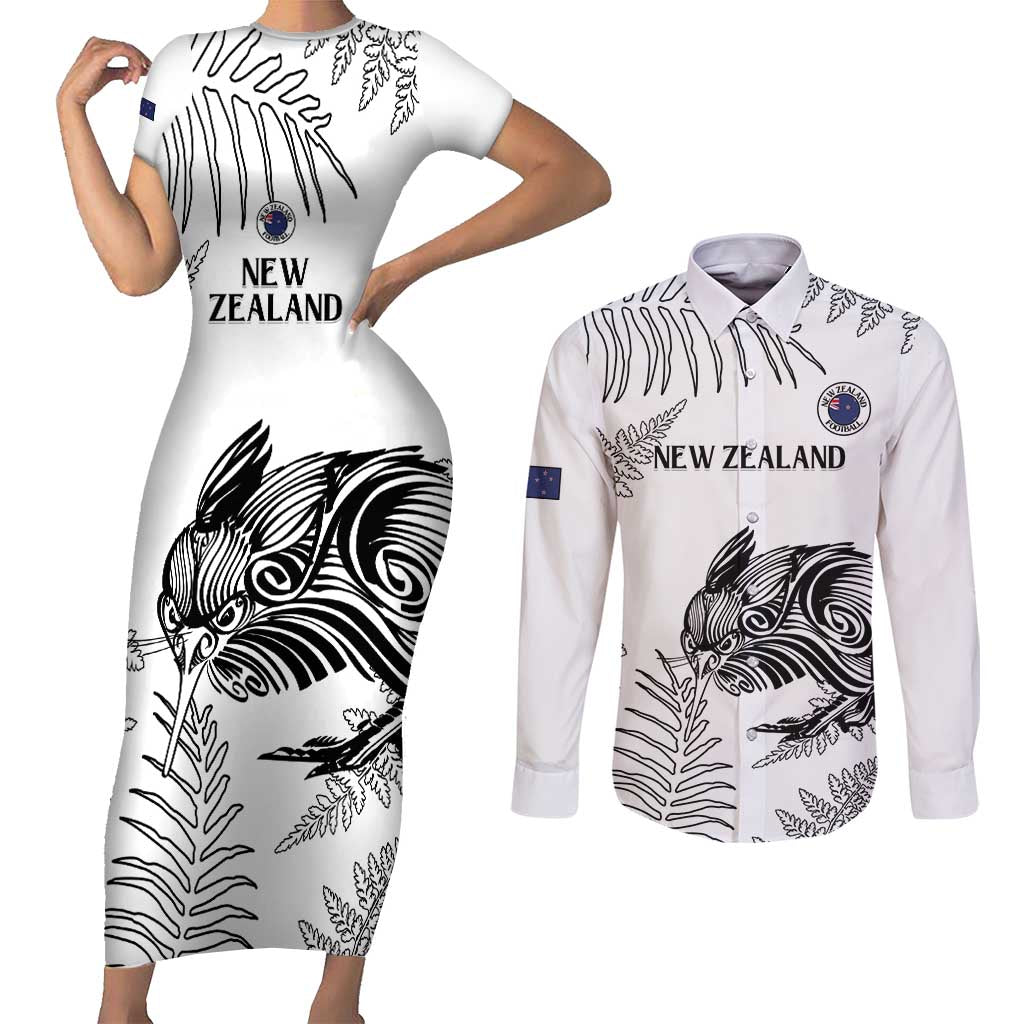 Custom New Zealand Kiwi Football Couples Matching Short Sleeve Bodycon Dress and Long Sleeve Button Shirt Aotearoa Silver Fern LT14 White - Polynesian Pride