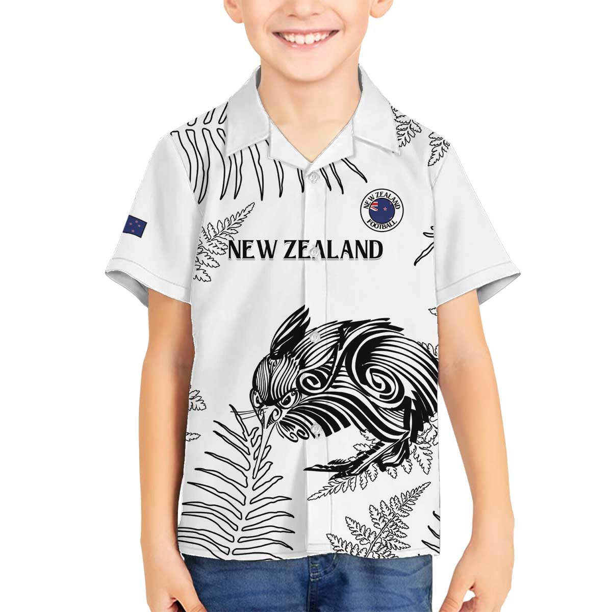 Custom New Zealand Kiwi Football Family Matching Off The Shoulder Long Sleeve Dress and Hawaiian Shirt Aotearoa Silver Fern LT14 Son's Shirt White - Polynesian Pride