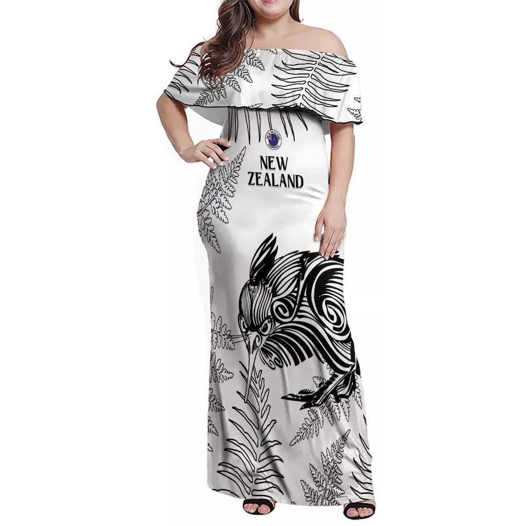 Custom New Zealand Kiwi Football Family Matching Off Shoulder Maxi Dress and Hawaiian Shirt Aotearoa Silver Fern LT14 Mom's Dress White - Polynesian Pride