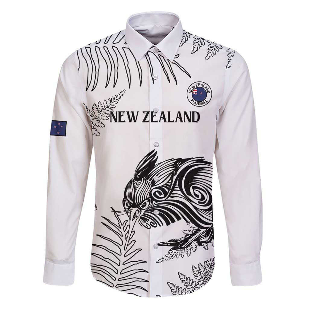 Custom New Zealand Kiwi Football Family Matching Puletasi and Hawaiian Shirt Aotearoa Silver Fern LT14 Dad's Shirt - Long Sleeve White - Polynesian Pride