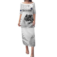 Custom New Zealand Kiwi Football Family Matching Puletasi and Hawaiian Shirt Aotearoa Silver Fern LT14 Mom's Dress White - Polynesian Pride