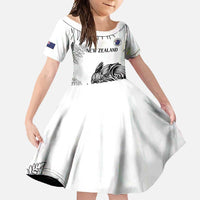 Custom New Zealand Kiwi Football Family Matching Short Sleeve Bodycon Dress and Hawaiian Shirt Aotearoa Silver Fern LT14 Daughter's Dress White - Polynesian Pride