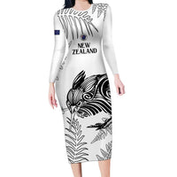 Custom New Zealand Kiwi Football Long Sleeve Bodycon Dress Aotearoa Silver Fern LT14 Long Dress White - Polynesian Pride