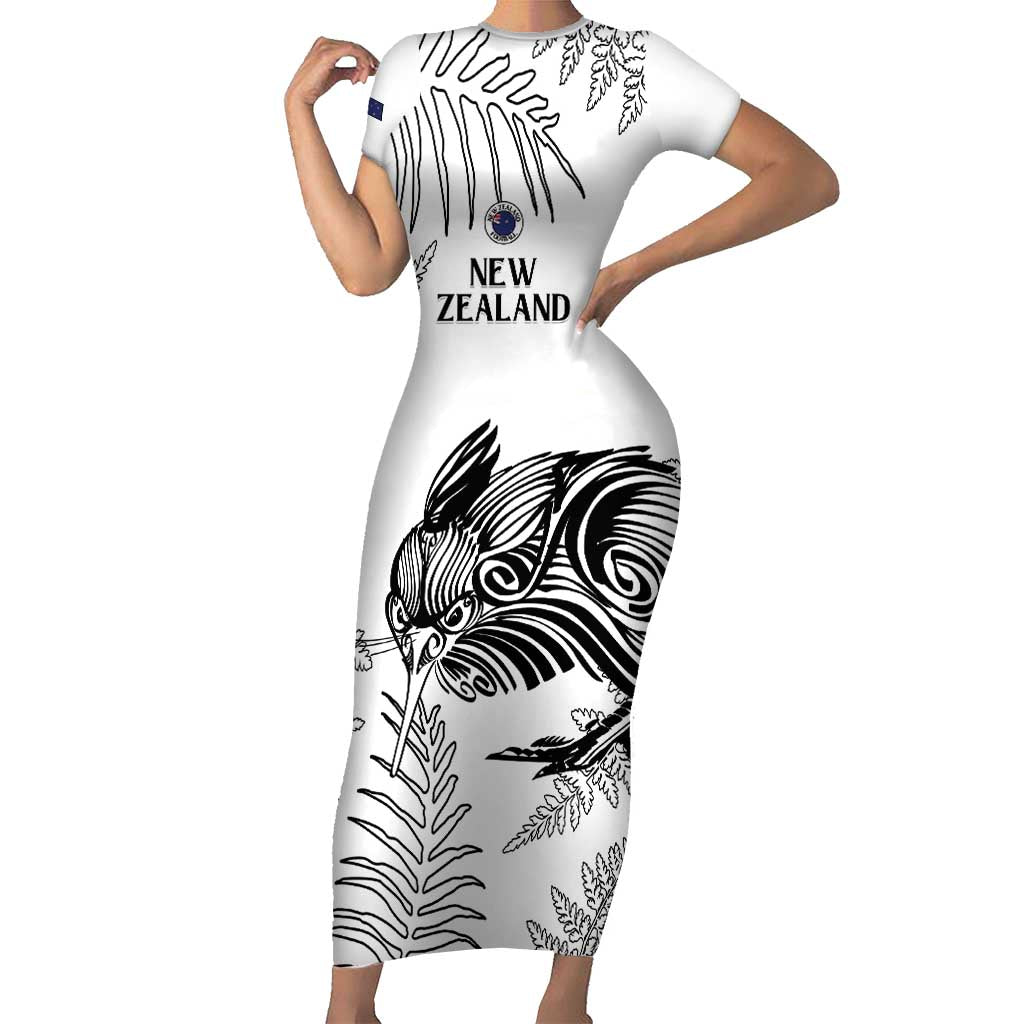 Custom New Zealand Kiwi Football Short Sleeve Bodycon Dress Aotearoa Silver Fern LT14 Long Dress White - Polynesian Pride