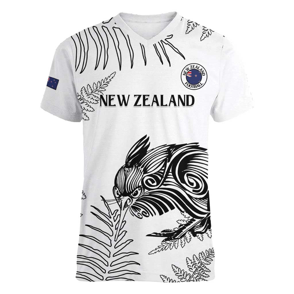 Custom New Zealand Kiwi Football Women V-Neck T-Shirt Aotearoa Silver Fern LT14 Female White - Polynesian Pride