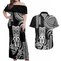 Hawaii Ku God Couples Matching Off Shoulder Maxi Dress and Hawaiian Shirt Kakau Mix Polynesian Tattoo LT14 Black - Polynesian Pride