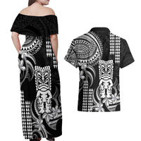 Hawaii Ku God Couples Matching Off Shoulder Maxi Dress and Hawaiian Shirt Kakau Mix Polynesian Tattoo LT14 - Polynesian Pride