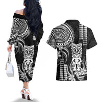 Hawaii Ku God Couples Matching Off The Shoulder Long Sleeve Dress and Hawaiian Shirt Kakau Mix Polynesian Tattoo LT14 - Polynesian Pride