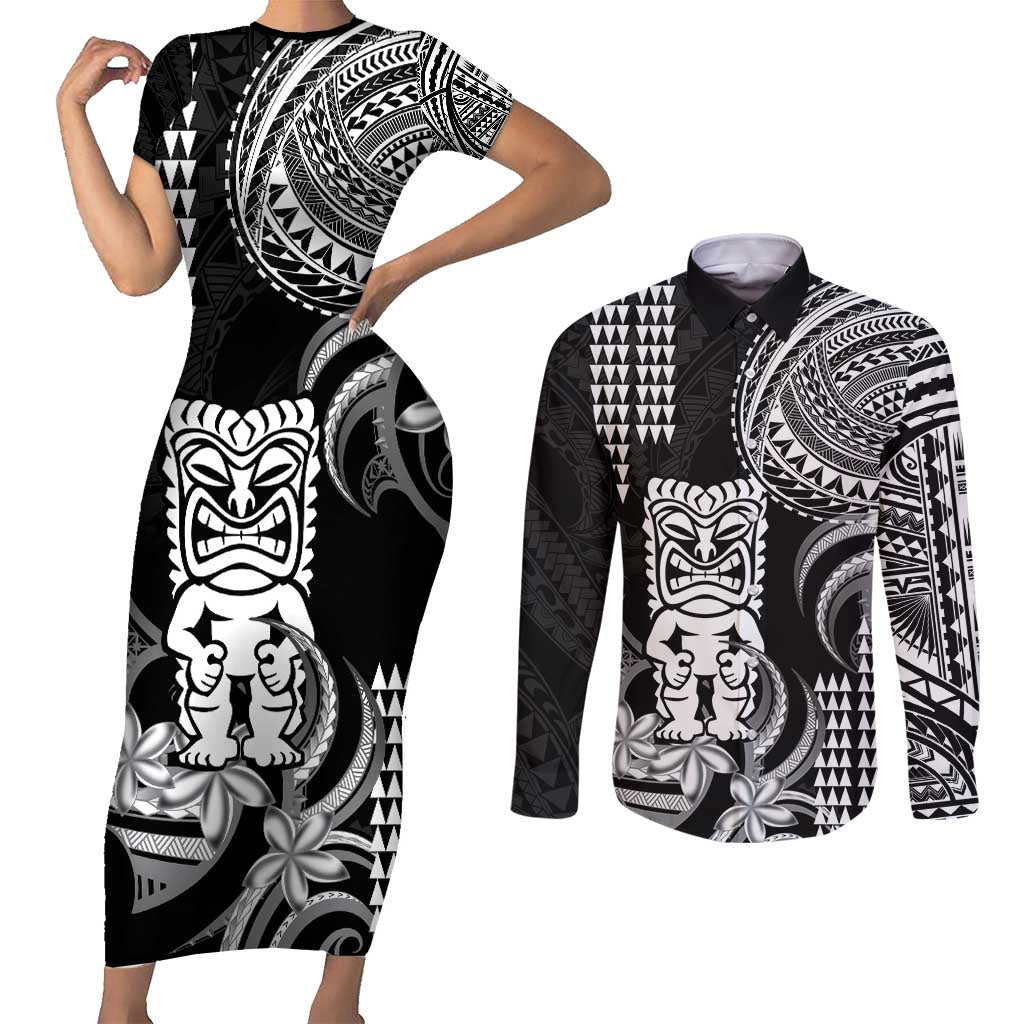 Hawaii Ku God Couples Matching Short Sleeve Bodycon Dress and Long Sleeve Button Shirt Kakau Mix Polynesian Tattoo LT14 Black - Polynesian Pride