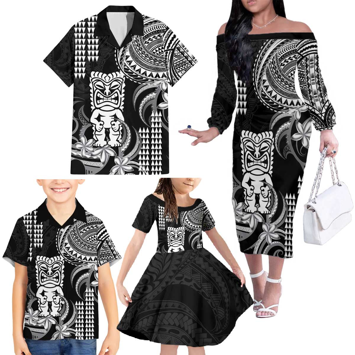 Hawaii Ku God Family Matching Off The Shoulder Long Sleeve Dress and Hawaiian Shirt Kakau Mix Polynesian Tattoo LT14 - Polynesian Pride
