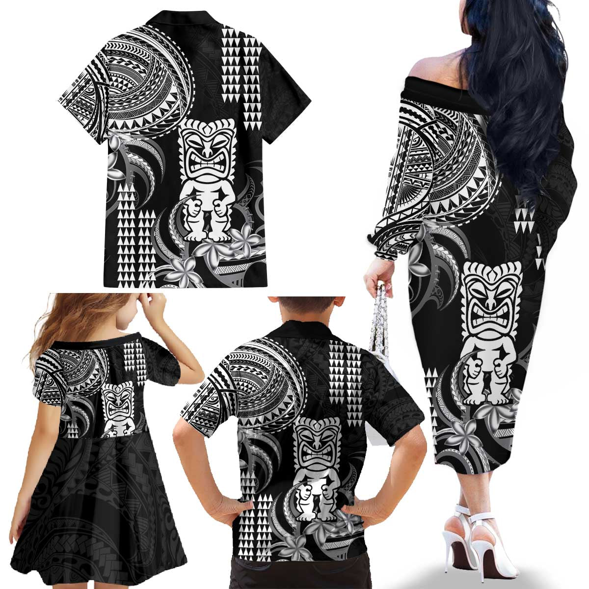 Hawaii Ku God Family Matching Off The Shoulder Long Sleeve Dress and Hawaiian Shirt Kakau Mix Polynesian Tattoo LT14 - Polynesian Pride