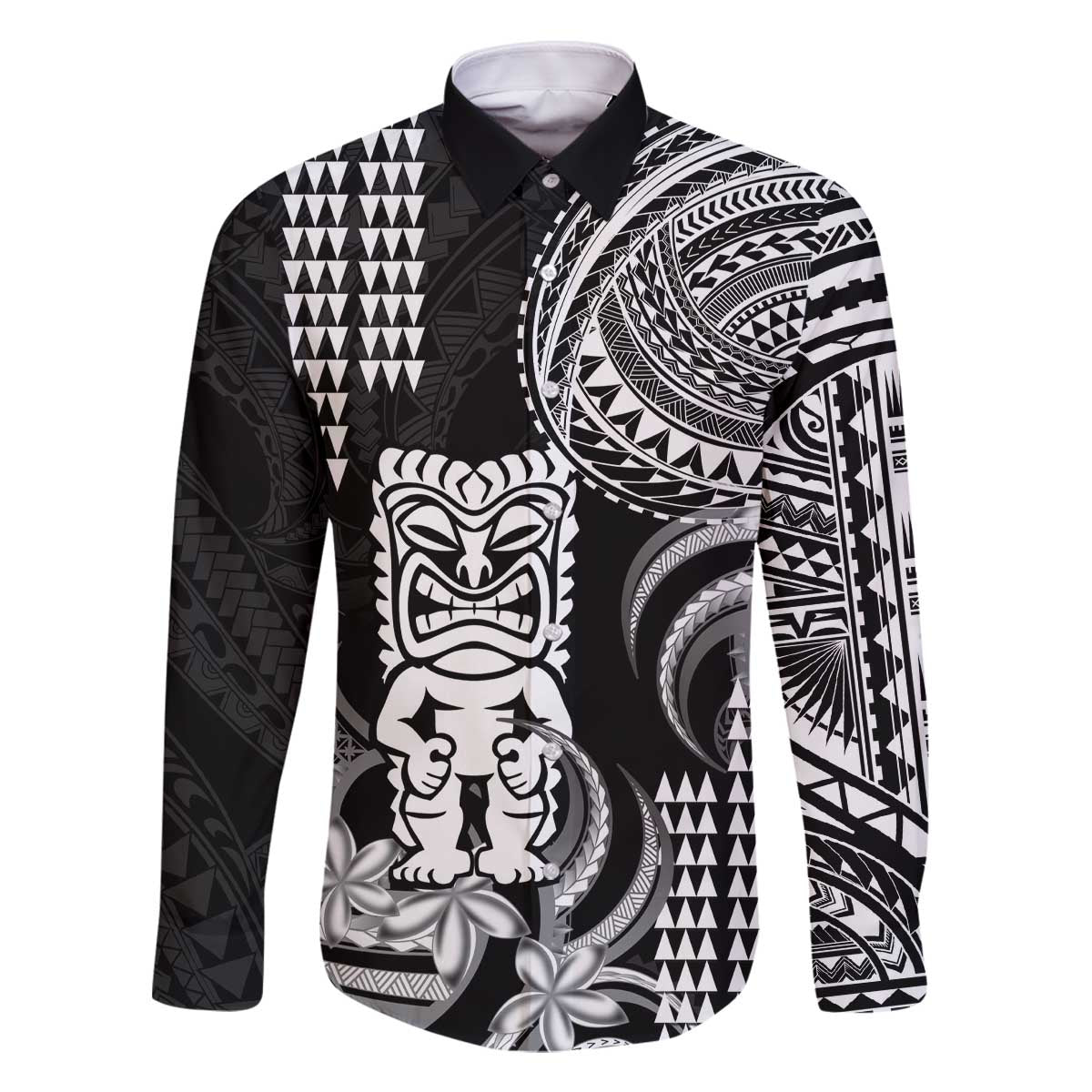 Hawaii Ku God Family Matching Off The Shoulder Long Sleeve Dress and Hawaiian Shirt Kakau Mix Polynesian Tattoo LT14 Dad's Shirt - Long Sleeve Black - Polynesian Pride