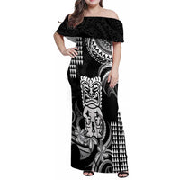 Hawaii Ku God Family Matching Off Shoulder Maxi Dress and Hawaiian Shirt Kakau Mix Polynesian Tattoo LT14 Mom's Dress Black - Polynesian Pride
