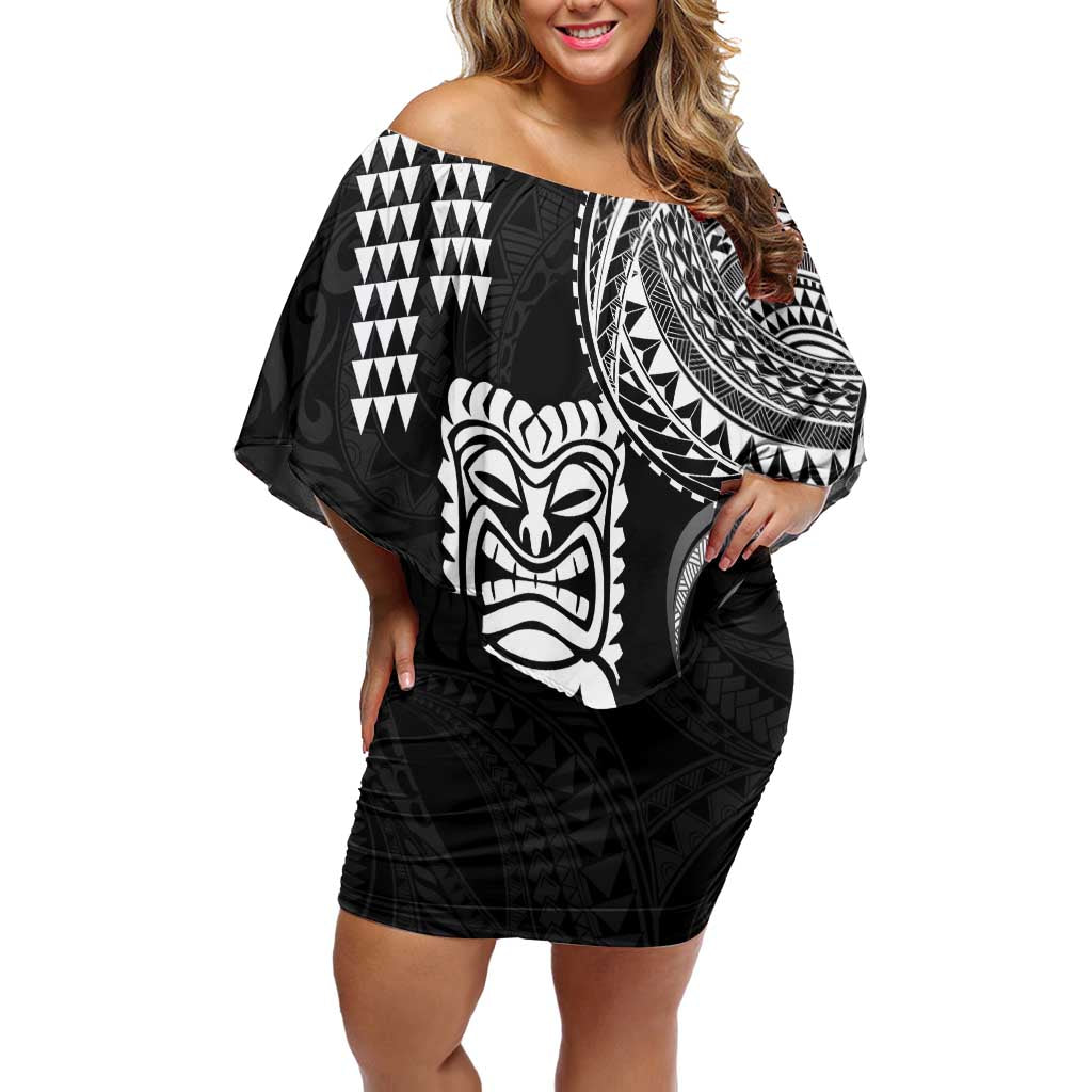 Hawaii Ku God Family Matching Off Shoulder Short Dress and Hawaiian Shirt Kakau Mix Polynesian Tattoo LT14 Mom's Dress Black - Polynesian Pride