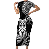 Hawaii Ku God Family Matching Short Sleeve Bodycon Dress and Hawaiian Shirt Kakau Mix Polynesian Tattoo LT14 Mom's Dress Black - Polynesian Pride