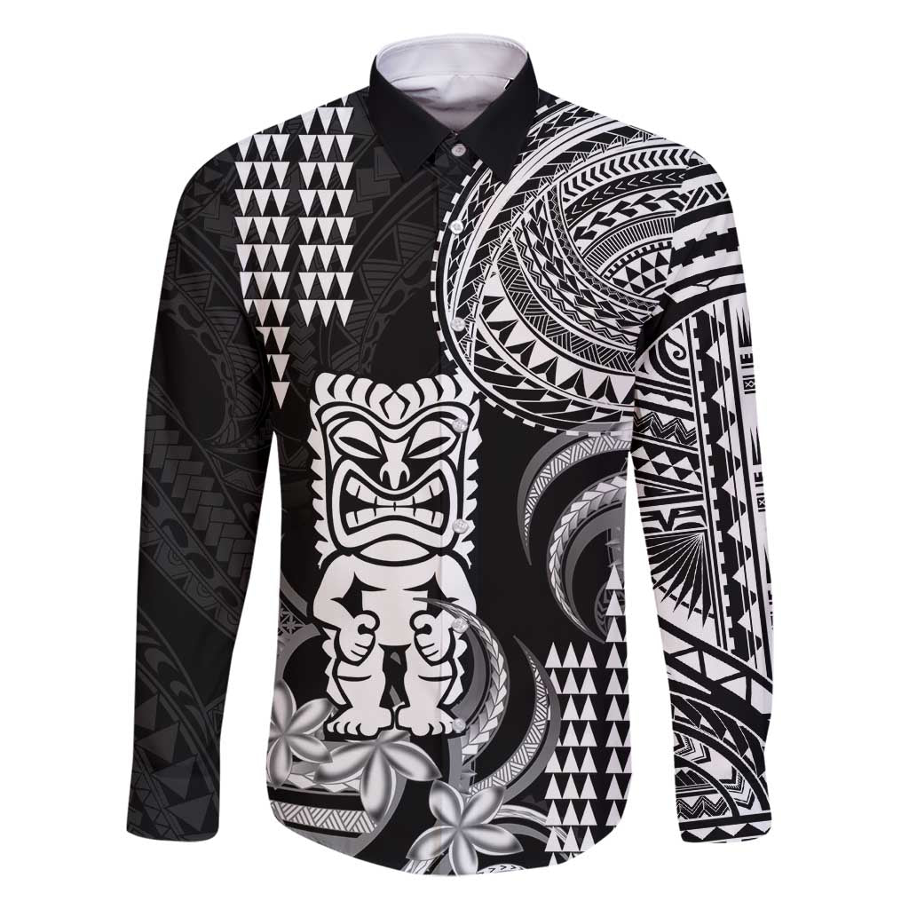 Hawaii Ku God Family Matching Tank Maxi Dress and Hawaiian Shirt Kakau Mix Polynesian Tattoo LT14 Dad's Shirt - Long Sleeve Black - Polynesian Pride