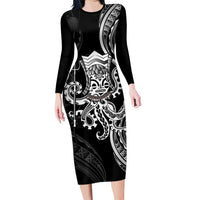 Black Hawaii Kanaloa God Family Matching Long Sleeve Bodycon Dress and Hawaiian Shirt Hawaiian Octopus LT14 Mom's Dress Black - Polynesian Pride