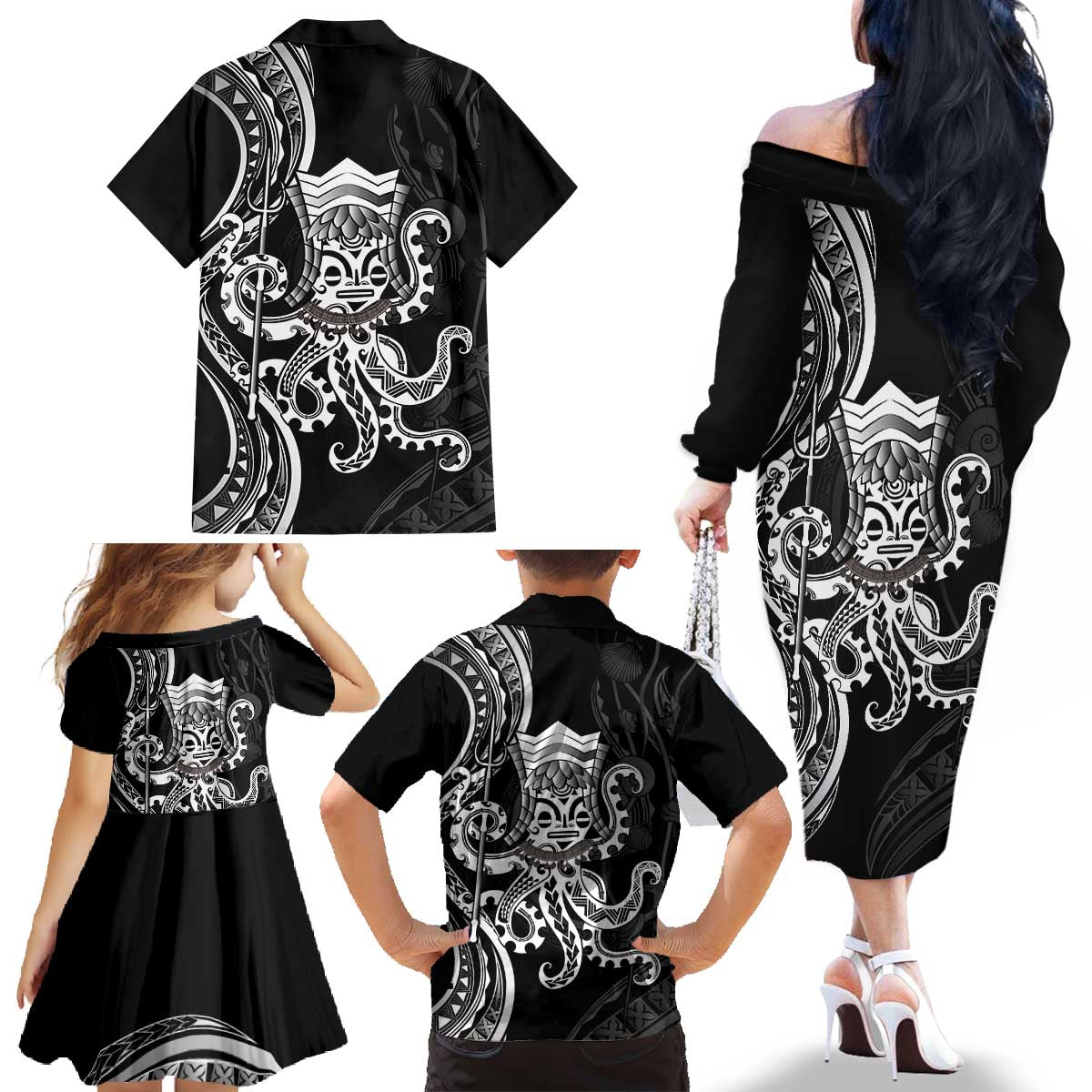 Black Hawaii Kanaloa God Family Matching Off The Shoulder Long Sleeve Dress and Hawaiian Shirt Hawaiian Octopus LT14 - Polynesian Pride