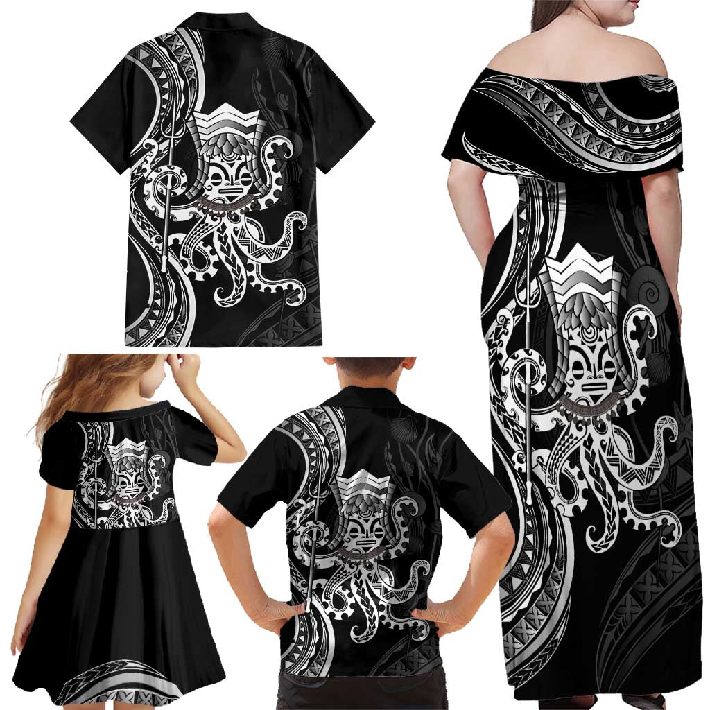 Black Hawaii Kanaloa God Family Matching Off Shoulder Maxi Dress and Hawaiian Shirt Hawaiian Octopus LT14 - Polynesian Pride