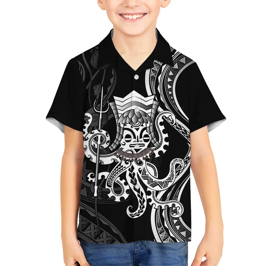 Black Hawaii Kanaloa God Family Matching Off Shoulder Maxi Dress and Hawaiian Shirt Hawaiian Octopus LT14 Son's Shirt Black - Polynesian Pride
