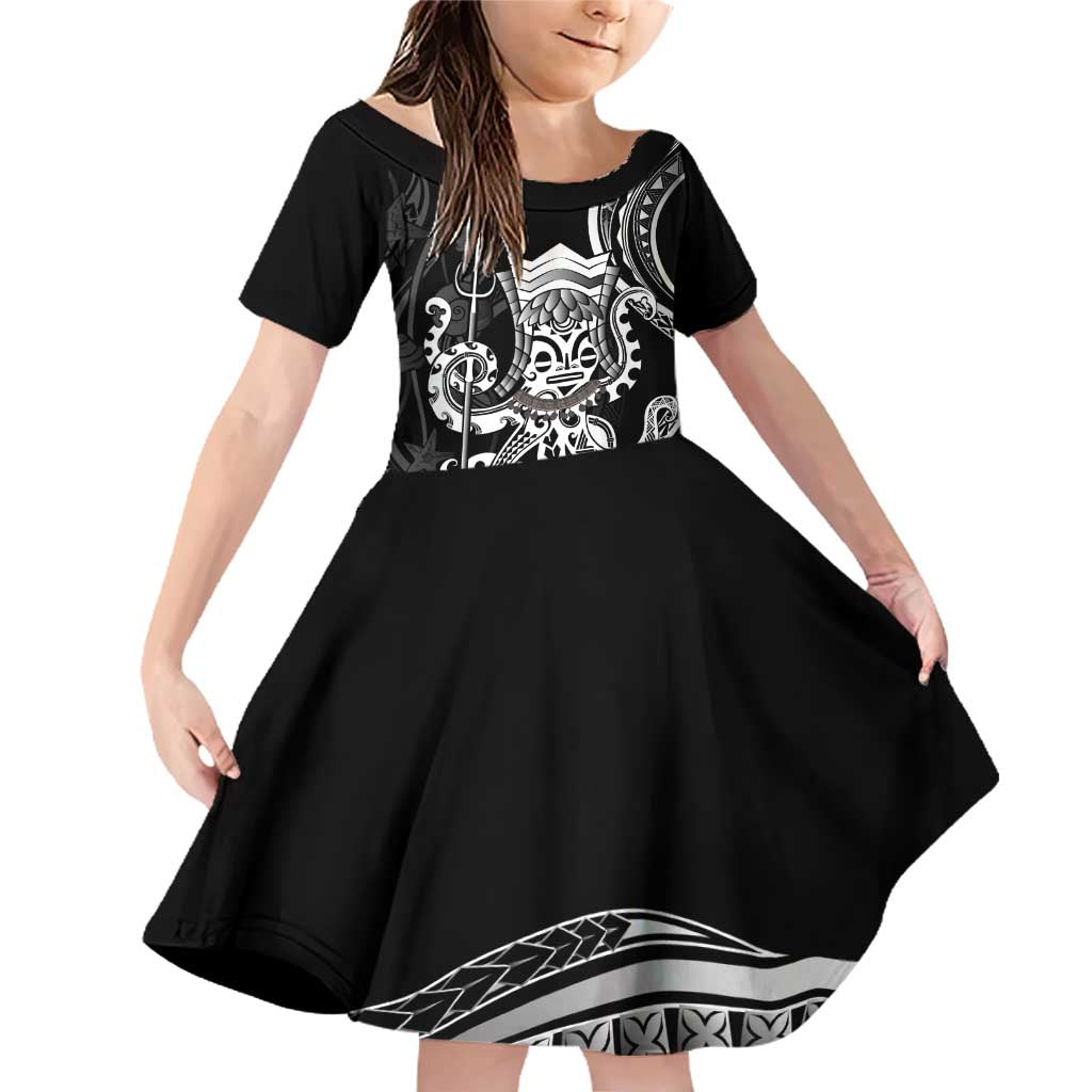 Black Hawaii Kanaloa God Family Matching Off Shoulder Short Dress and Hawaiian Shirt Hawaiian Octopus LT14 Daughter's Dress Black - Polynesian Pride