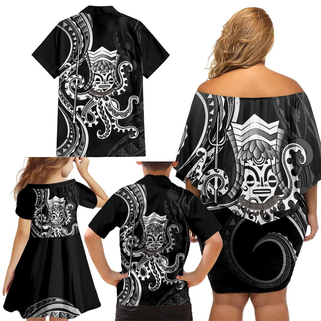 Black Hawaii Kanaloa God Family Matching Off Shoulder Short Dress and Hawaiian Shirt Hawaiian Octopus LT14 - Polynesian Pride