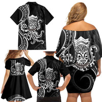 Black Hawaii Kanaloa God Family Matching Off Shoulder Short Dress and Hawaiian Shirt Hawaiian Octopus LT14 - Polynesian Pride