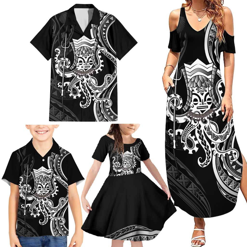 Black Hawaii Kanaloa God Family Matching Summer Maxi Dress and Hawaiian Shirt Hawaiian Octopus LT14 - Polynesian Pride