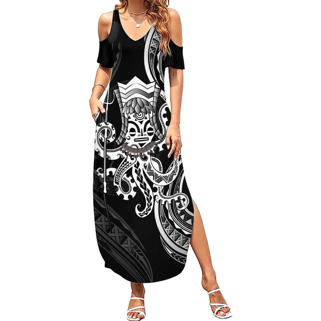 Black Hawaii Kanaloa God Family Matching Summer Maxi Dress and Hawaiian Shirt Hawaiian Octopus LT14 Mom's Dress Black - Polynesian Pride