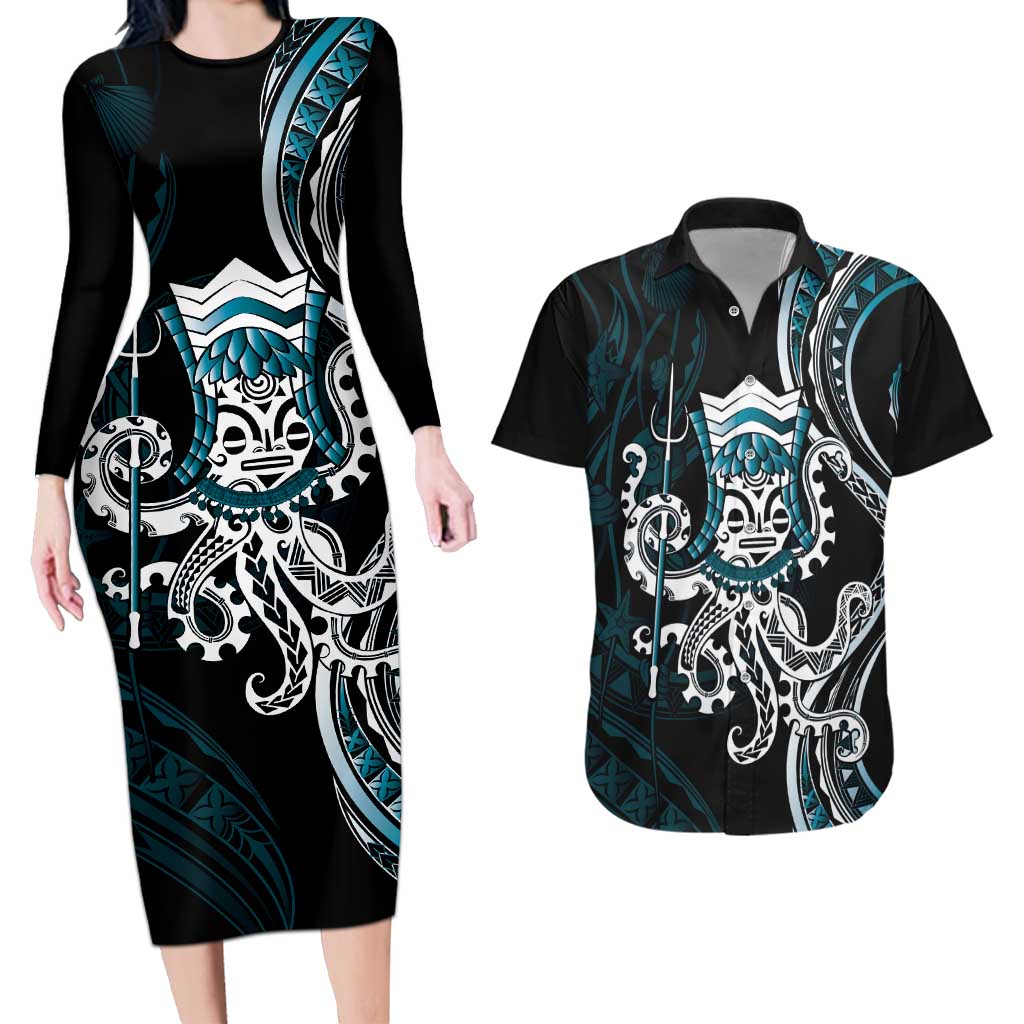Turquoise Hawaii Kanaloa God Couples Matching Long Sleeve Bodycon Dress and Hawaiian Shirt Hawaiian Octopus LT14 Turquoise - Polynesian Pride
