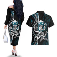 Turquoise Hawaii Kanaloa God Couples Matching Off The Shoulder Long Sleeve Dress and Hawaiian Shirt Hawaiian Octopus LT14 - Polynesian Pride