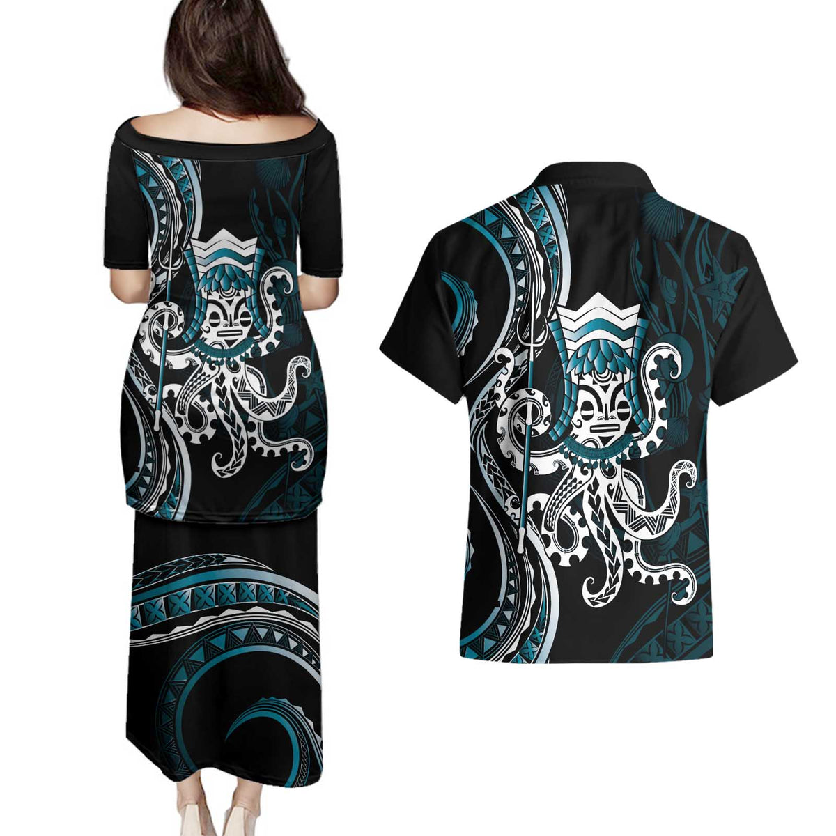 Turquoise Hawaii Kanaloa God Couples Matching Puletasi and Hawaiian Shirt Hawaiian Octopus
