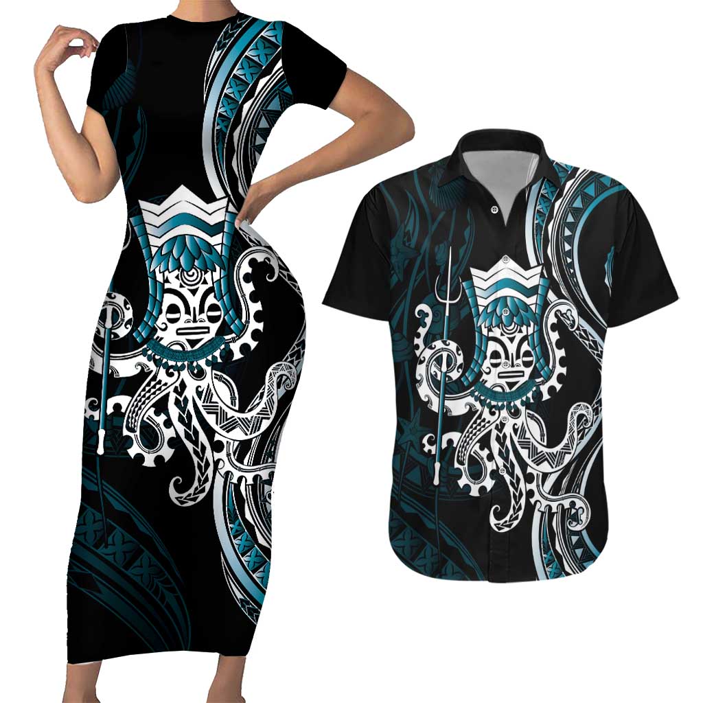 Turquoise Hawaii Kanaloa God Couples Matching Short Sleeve Bodycon Dress and Hawaiian Shirt Hawaiian Octopus LT14 Turquoise - Polynesian Pride
