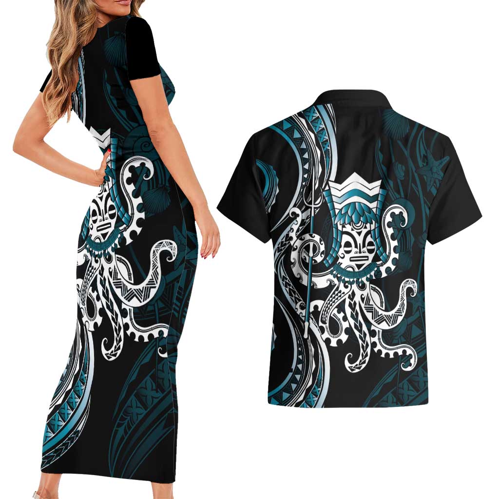 Turquoise Hawaii Kanaloa God Couples Matching Short Sleeve Bodycon Dress and Hawaiian Shirt Hawaiian Octopus LT14 - Polynesian Pride