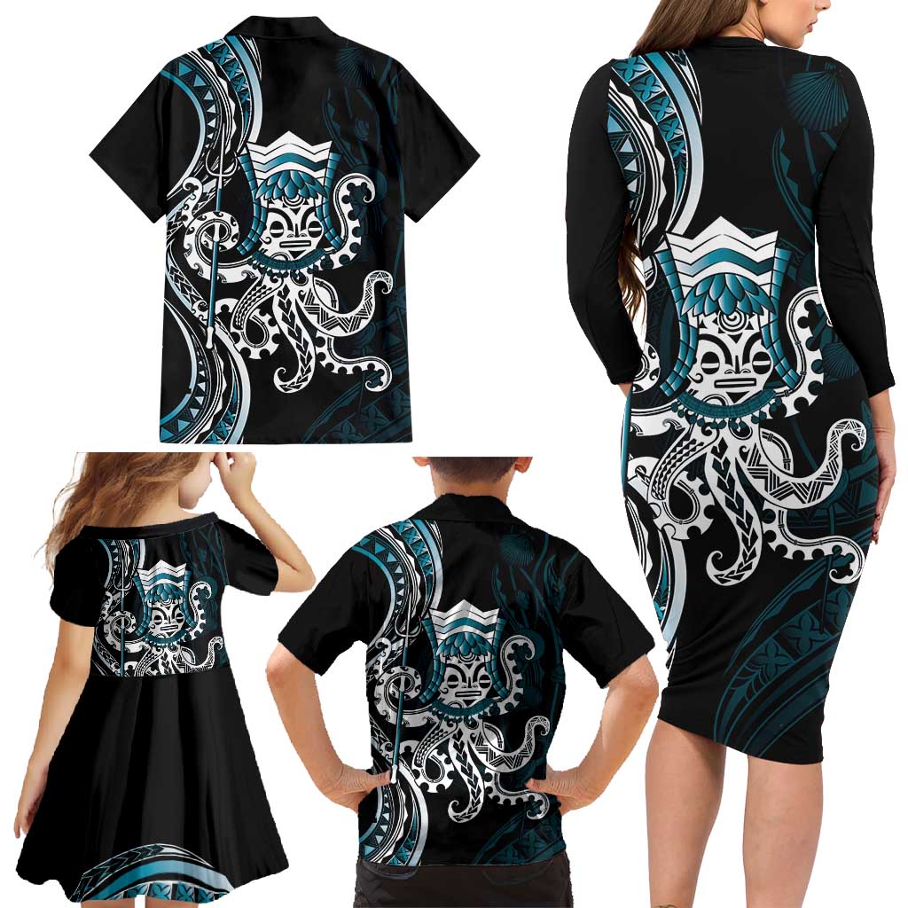 Turquoise Hawaii Kanaloa God Family Matching Long Sleeve Bodycon Dress and Hawaiian Shirt Hawaiian Octopus LT14 - Polynesian Pride