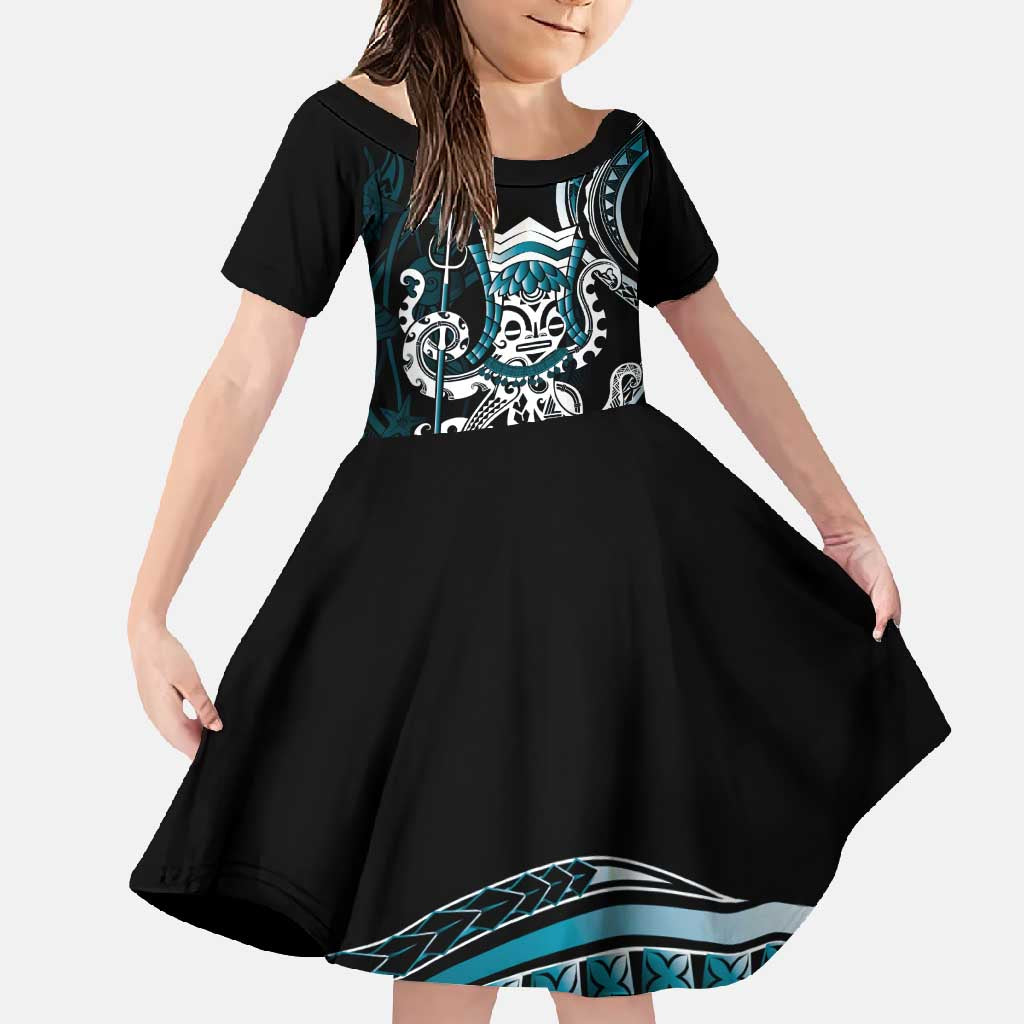 Turquoise Hawaii Kanaloa God Family Matching Mermaid Dress and Hawaiian Shirt Hawaiian Octopus LT14 Daughter's Dress Turquoise - Polynesian Pride