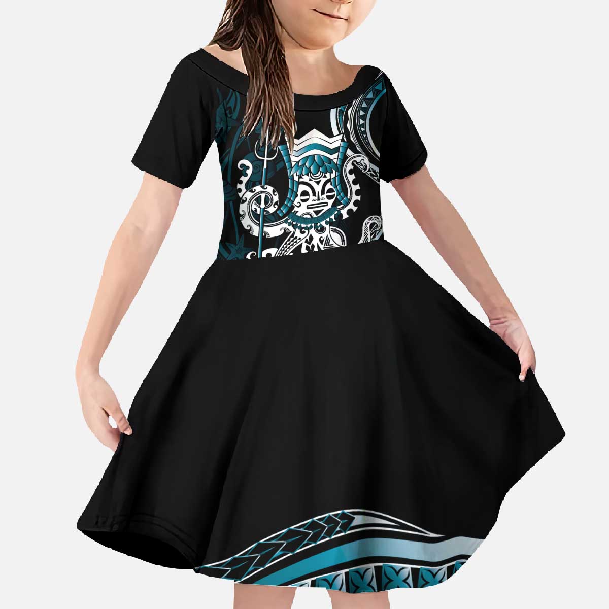 Turquoise Hawaii Kanaloa God Family Matching Off The Shoulder Long Sleeve Dress and Hawaiian Shirt Hawaiian Octopus LT14 Daughter's Dress Turquoise - Polynesian Pride