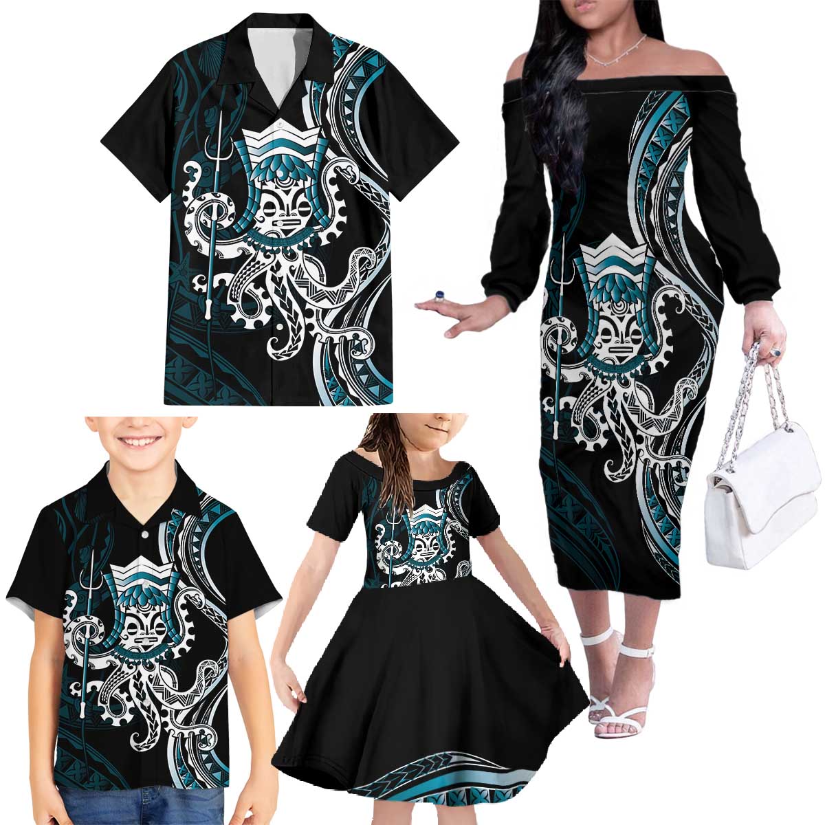 Turquoise Hawaii Kanaloa God Family Matching Off The Shoulder Long Sleeve Dress and Hawaiian Shirt Hawaiian Octopus LT14 - Polynesian Pride