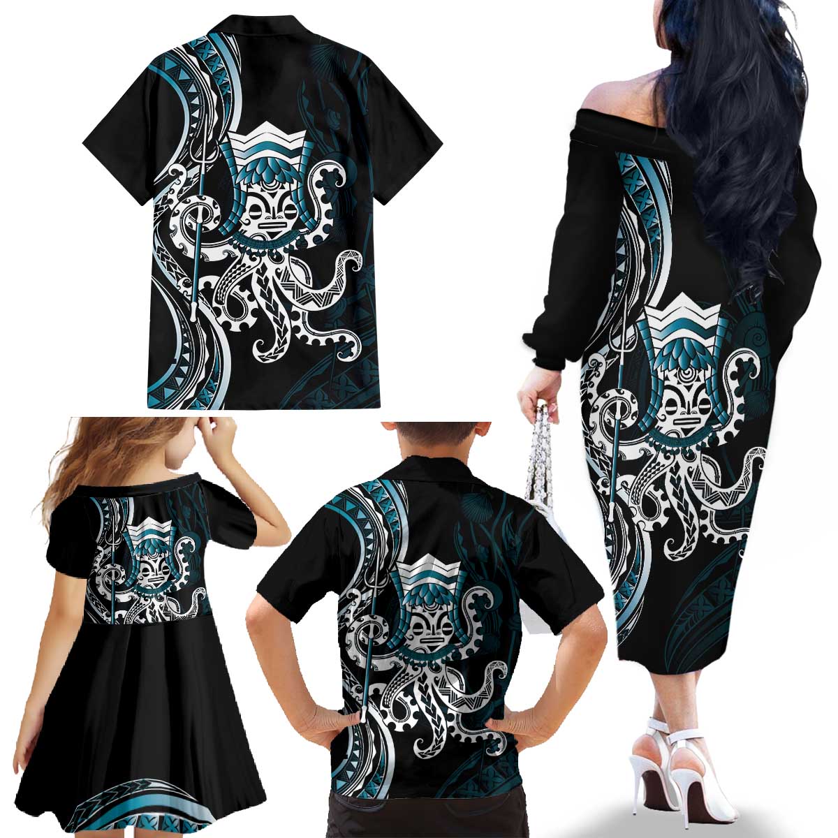 Turquoise Hawaii Kanaloa God Family Matching Off The Shoulder Long Sleeve Dress and Hawaiian Shirt Hawaiian Octopus LT14 - Polynesian Pride