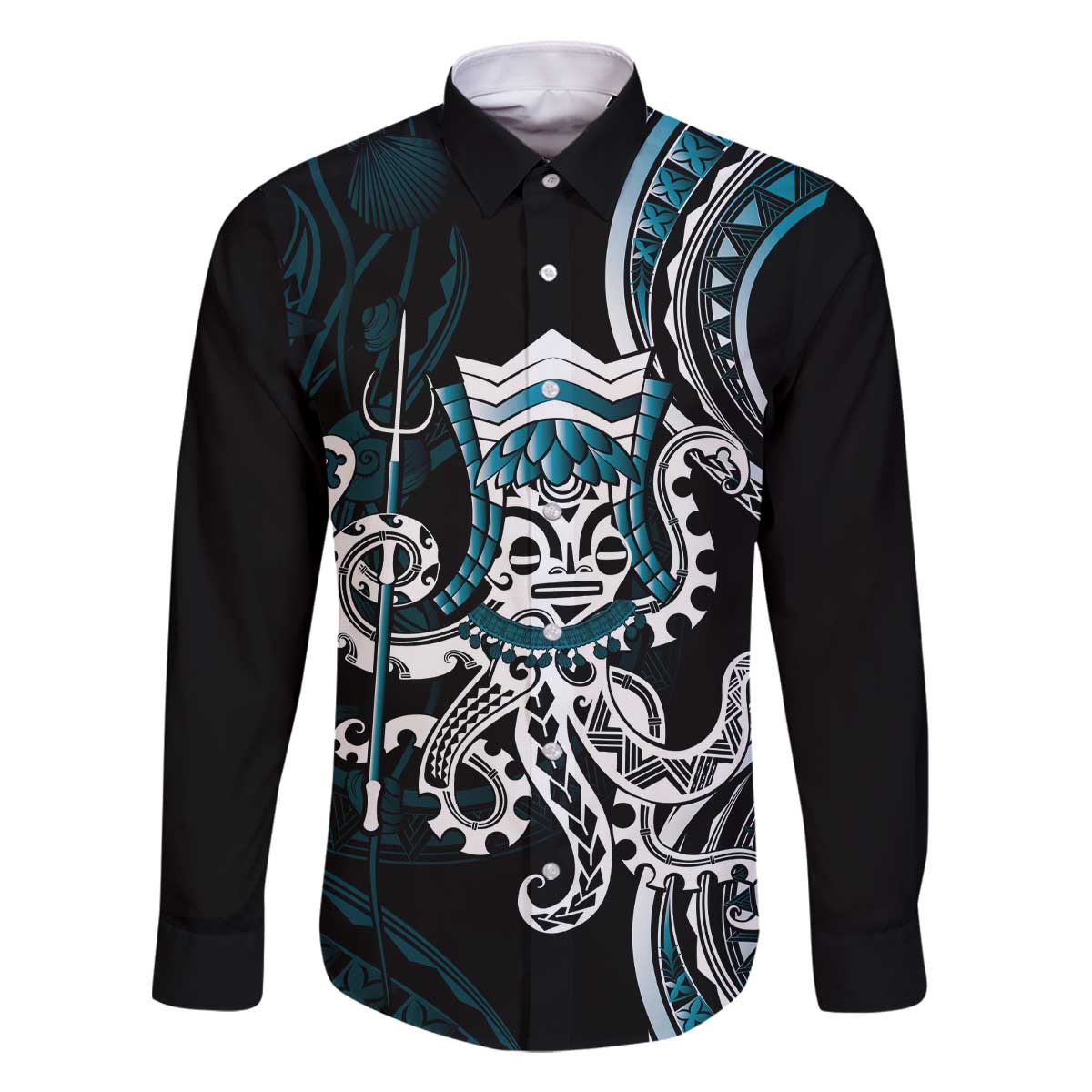 Turquoise Hawaii Kanaloa God Family Matching Off The Shoulder Long Sleeve Dress and Hawaiian Shirt Hawaiian Octopus LT14 Dad's Shirt - Long Sleeve Turquoise - Polynesian Pride