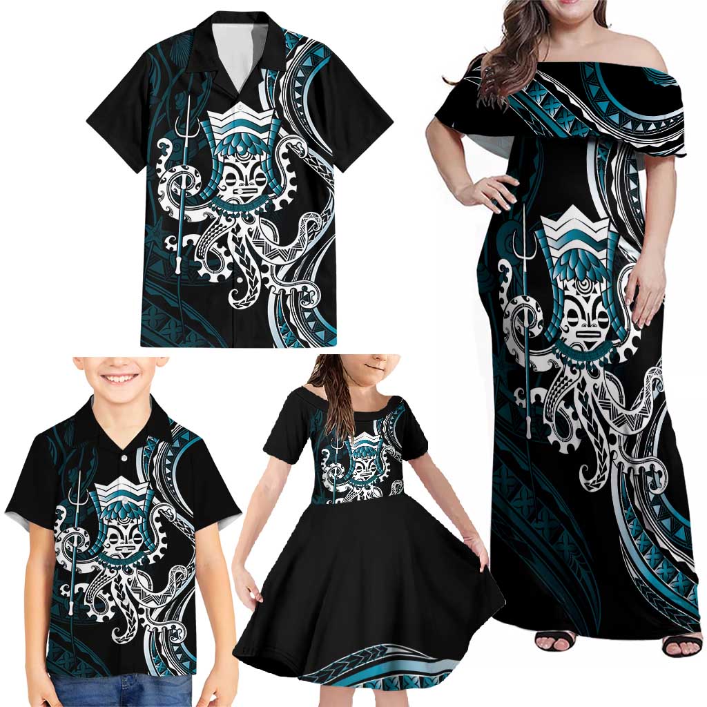 Turquoise Hawaii Kanaloa God Family Matching Off Shoulder Maxi Dress and Hawaiian Shirt Hawaiian Octopus LT14 - Polynesian Pride