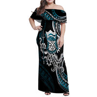 Turquoise Hawaii Kanaloa God Family Matching Off Shoulder Maxi Dress and Hawaiian Shirt Hawaiian Octopus LT14 Mom's Dress Turquoise - Polynesian Pride