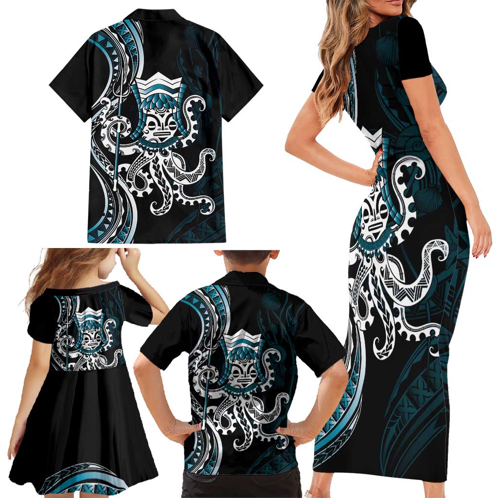 Turquoise Hawaii Kanaloa God Family Matching Short Sleeve Bodycon Dress and Hawaiian Shirt Hawaiian Octopus LT14 - Polynesian Pride