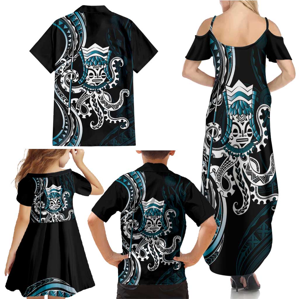 Turquoise Hawaii Kanaloa God Family Matching Summer Maxi Dress and Hawaiian Shirt Hawaiian Octopus LT14 - Polynesian Pride