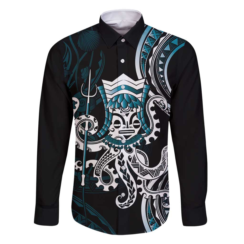 Turquoise Hawaii Kanaloa God Family Matching Summer Maxi Dress and Hawaiian Shirt Hawaiian Octopus LT14 Dad's Shirt - Long Sleeve Turquoise - Polynesian Pride