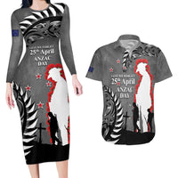 New Zealand ANZAC Day Couples Matching Long Sleeve Bodycon Dress and Hawaiian Shirt 25th April Silver Fern With Poppy LT14 Gray - Polynesian Pride