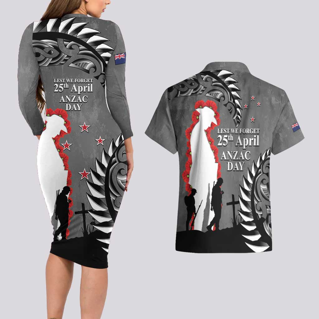 New Zealand ANZAC Day Couples Matching Long Sleeve Bodycon Dress and Hawaiian Shirt 25th April Silver Fern With Poppy LT14 - Polynesian Pride