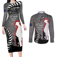 New Zealand ANZAC Day Couples Matching Long Sleeve Bodycon Dress and Long Sleeve Button Shirt 25th April Silver Fern With Poppy LT14 Gray - Polynesian Pride