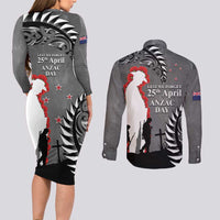 New Zealand ANZAC Day Couples Matching Long Sleeve Bodycon Dress and Long Sleeve Button Shirt 25th April Silver Fern With Poppy LT14 - Polynesian Pride