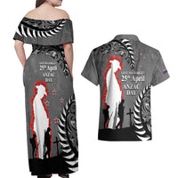 New Zealand ANZAC Day Couples Matching Off Shoulder Maxi Dress and Hawaiian Shirt 25th April Silver Fern With Poppy LT14 - Polynesian Pride